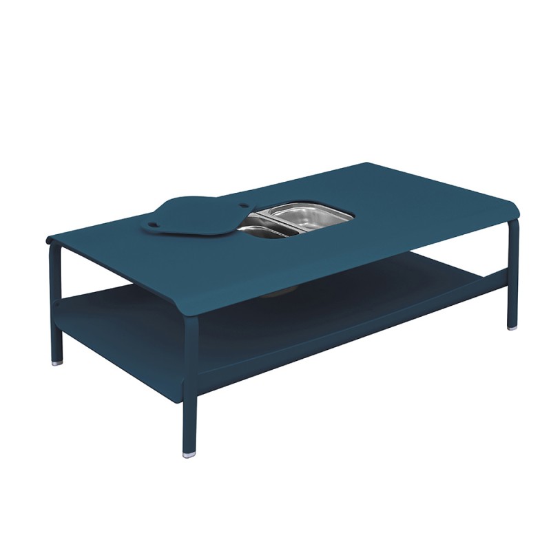 Table basse grand format avec bacs bleu pétrole